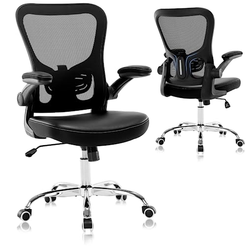 Ergonomischer Bürostuhl mit mittlerer Rückenlehne, Lederkissen, Schreibtischstuhl, Netz-Computerstuhl mit Lendenwirbelstütze und hochklappbaren Armlehnen von X XISHE