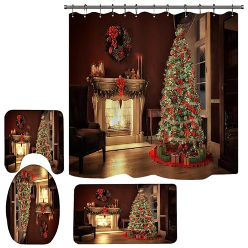 Duschvorhänge in Weihnachtsbaumform, Weihnachtsduschvorhang-Set | Schnelltrocknendes Toilettendeckel-Set für Weihnachten | Kreative Duschvorhänge, Badematte hat von Jingmiger