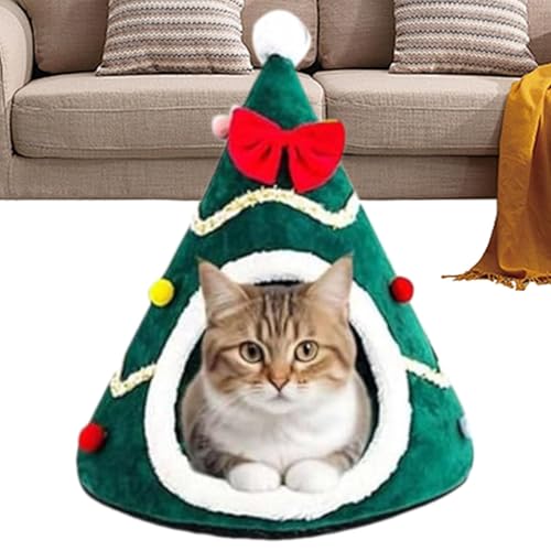Katzenhöhle in Form eines Weihnachtsbaums, Katzenhaus in Form eines Weihnachtsbaums – Zelthaus für Haustiere aus Plüsch – Weihnachtshütte halbgeschlossen für Katzen, warmes Schlafnest von Jingmiger
