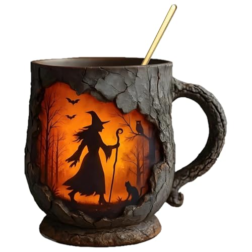 Lustige Kaffeetasse 386ml | Coole Tassen,3D Baumrinden Textur Ergonomische Hexenkelch Mit Flammenmuster Griff Geschenk Für Kollegen Freunde Geburtstag Lehrer Weihnachten Arbeit von Jingmiger