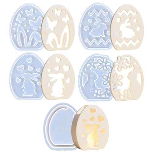 Osterharzformen, Set mit 5 Formen aus Kunstharz, 3D, Hase, hohl, in Form eines Haseneis, Silikonform für Ornamente aus Kunstharz, für die Dekoration des Hauses zu Ostern von Jingmiger