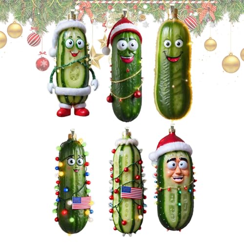 Traditionelle Weihnachtsgurke, Weihnachtsornament 2024, Gurke, 6 x Weihnachtsbaum, versteckt das Gurkenornament | flache Urlaubsornamente aus Acryl, 2D, Dekor mit Seil für Dekoration von Jingmiger