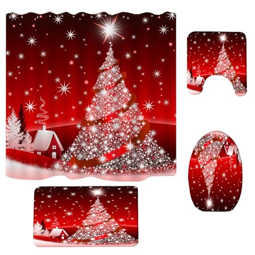 WC-Deckelbezug Set, Weihnachtsbaum-Duschvorhänge - Set mit wasserfesten Toilettendeckelbezügen, schnelltrocknend | Rutschfester Badvorleger, ridea von Jingmiger