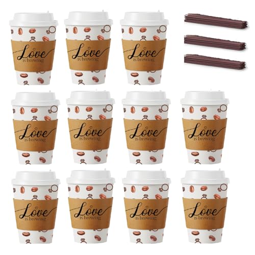 Jingmore Kaffee-Brautduschbecher-Set mit Aufschrift "Love Is Brewing Sleeves" und Rührstäbchen, Einweg-Kaffeetassen aus Papier für Brautparty, Dekoration, Verlobung, Party, 340 ml, Weiß, 100 Stück Jingmore Kaffee-Brautduschbecher-Set mit Aufschrift "Love Is Brewing Sleeves" und Rührstäbchen, Einweg-Kaffeetassen aus Papier für Brautparty, Dekoration, Verlobung, Party, 340 ml, Weiß, 100 Stück von Jingmore