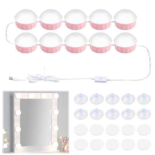 Jinlaili 10 Dimmbar Spiegelleuchte mit 3 Farbe, Hollywood-Stil Dimmbar Schminklicht, LED Makeup Lampe, Schminktisch Leuchte, Schminkleuchte, Spiegellampe für Kosmetikspiegel, Badzimmer Spiegel (Rosa) von Jinlaili