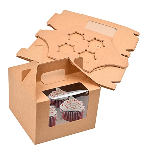 Jinlaili 10Stk Cupcake Box aus Kraftpapier, 4 Löchern Cupcake Muffin Box, Tortenschachteln, Tragbar Muffin Box, Cupcakes Behälter mit Fenster und Einsätzen, Dessert Boxen für Partys Bäckerei Geschenk von Jinlaili