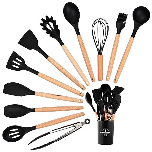 Jinlaili 12 Stück Silikon Küchenhelfer Set Schwarz, Küchengerät Silikon Kochgeschirr Set, Antihaft Küchenutensilien, Silikon Kochbesteck Set, Hitzebeständiger Kochgeschirr mit Utensilienhalter von Jinlaili