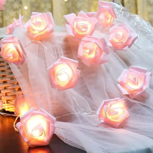 Jinlaili 20 LED Schmuck Rosen Lichterkette, 3 Meter Warmweiß Beleuchtungsgirlande mit Licht, LED Rosen Lichterkette Batteriebetrieben, Blumen Weihnachts Schmuck, Hochzeit Valentinstag Schmuck (Rosa) von Jinlaili
