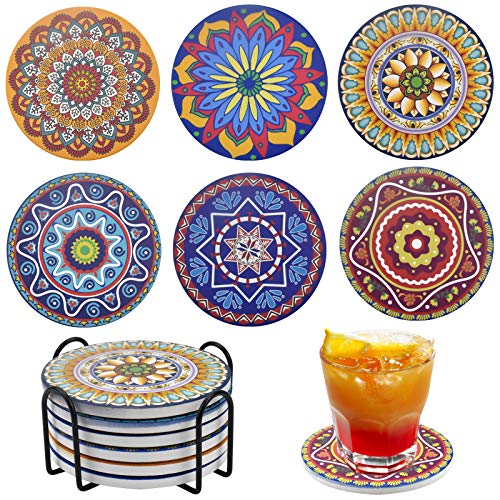 Jinlaili 6 Stück Keramik Untersetzer, Absorbierenden Keramik Untersetzer mit Halter, Mandala Untersetzer mit Korkbasis, Dekorative Keramik Untersetzer für Tassen/Vasen/Housewarming Geschenke von Jinlaili
