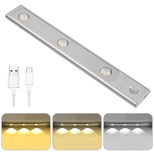 Jinlaili Ultra Dünn Sensor Licht, 3 Farben Dimmbar LED Unterbauleuchte Küche, USB Wiederaufladbar Schrankbeleuchtung mit Magnetstreifen, Kleiderschrank Lampen, Weinschrankleuchte, Nachtlicht, 30CM von Jinlaili