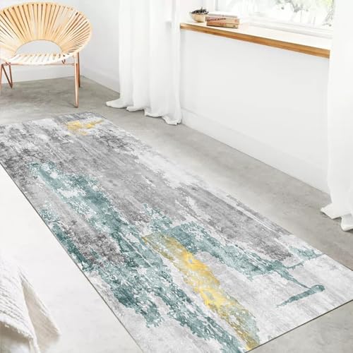 Jinnrug Läuferteppich für Schlafzimmer, lang, schmal, für den Flur, weich, rutschfest, leicht zu reinigen, für Flur, Küche, Balkon, Bodenschutzmatte, Graugrün, 60x150cm(80×500cm) von Jinnrug