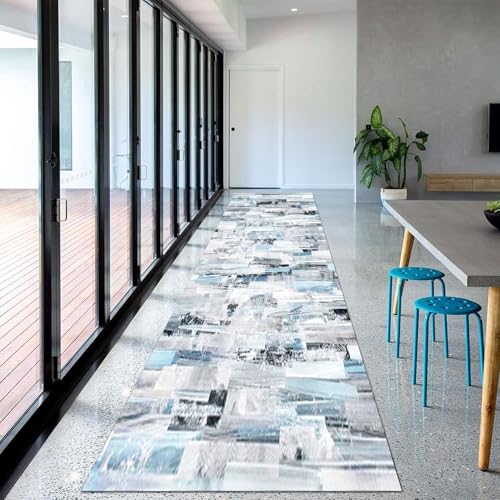 Jinnrug Moderner, waschbarer, graublauer, schmaler Läuferteppich für Wohnzimmer, Flur, Balkon, rutschfeste Dekor-Fußmatten, 80x450cm, Fußmatte, Läuferteppich für Zuhause und Küche(60×200cm) von Jinnrug