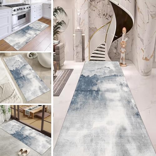Moderner grau-Blauer Läufer-Teppich für den Flur, rutschfest, Innen-Korridor-Eingangsbereich, waschbare Kurze Küchenmatten, 60cm/70cm/80cm/100cm breit(100×350cm) von Jinnrug