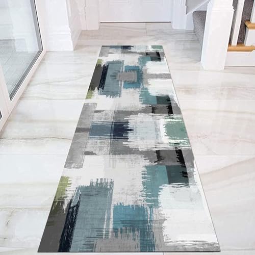 Moderner waschbarer Teppich in Grau, Blau und Schwarz für den Eingangsbereich, Küche, Schlafzimmer, Flur, rutschfeste Dekor-Fußmatten, 60cm/70cm/80cm/100cm breit, Läuferteppich(70×300cm) von Jinnrug