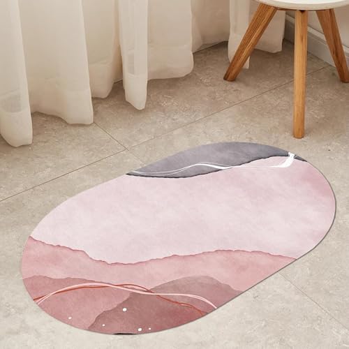 Ovaler Teppich für Balkon, rutschfest, nordisches Design, waschbar, für Zuhause, Wohnzimmer, Schlafzimmer, Nachttisch, Küche, Bodendekoration, 70x160cm, Ellipse, Rosa, Grau(70x160cm) von Jinnrug