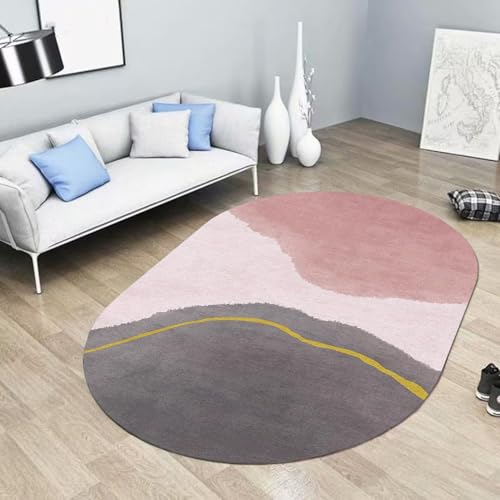 Ovaler Teppich im modernen Design für Wohnzimmer, Rosa/Grau, waschbar, für Zuhause, Balkon, Nachttisch, Küche, Bodendekoration, klein, 80x200cm, Ellipse, leicht zu reinigen(60x90cm) von Jinnrug