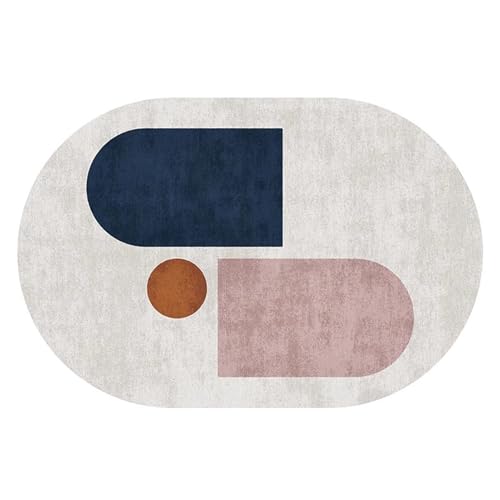 Ovaler Teppich im nordischen Design in Rosa, Beige und Blau für das Wohnzimmer, 70x160cm, ellipsenförmig, Kurzflor für Esszimmer, Büro, Schlafzimmer, Küche, Bodendekoration(80×150cm) von Jinnrug