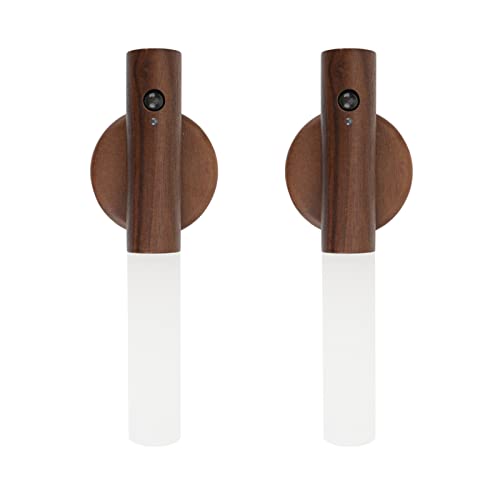 Pack of 2 Aufladbar Holz Wandleuchte, Innen-Nachtlicht mit Bewegungssensor, Magnetische Wiederaufladbare Kabellose Batterie-Wandleuchten mit Schalter für Schlafzimmer, Flur, Treppenhaus, Kinderzimmer von JinsenTGG