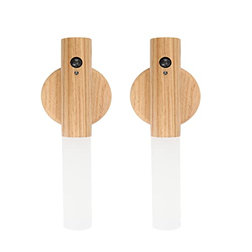 Pack of 2 Aufladbar Holz Wandleuchte, Innen-Nachtlicht mit Bewegungssensor, Magnetische Wiederaufladbare Kabellose Batterie-Wandleuchten mit Schalter für Schlafzimmer, Flur, Treppenhaus, Kinderzimmer von JinsenTGG