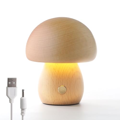 Pilzlampe aus Holz, Tragbare Dimmbare Nachttischlampe mit USB-Aufladung, Kabelloses Nachtlicht, Pilz-Tischlampe für Heimdekoration, Schlafzimmer, wiederaufladbare LED-Nachttischlampe (Buche) von JinsenTGG