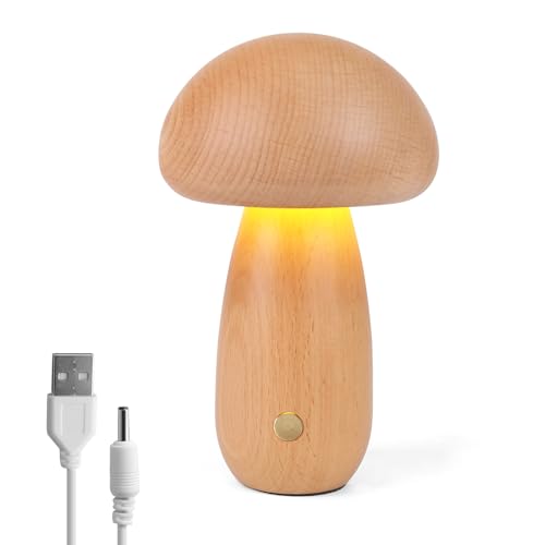 Pilzlampe aus Holz, Tragbare Dimmbare Nachttischlampe mit USB-Aufladung, Kabelloses Nachtlicht, Pilz-Tischlampe für Heimdekoration, Schlafzimmer, wiederaufladbare LED-Nachttischlampe (Buche-B) von JinsenTGG