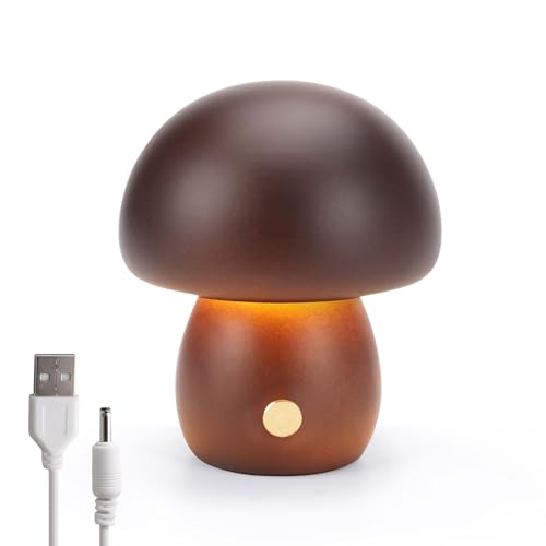 Pilzlampe aus Holz, Tragbare Dimmbare Nachttischlampe mit USB-Aufladung, Kabelloses Nachtlicht, Pilz-Tischlampe für Heimdekoration, Schlafzimmer, wiederaufladbare LED-Nachttischlampe (Nussbaum) von JinsenTGG