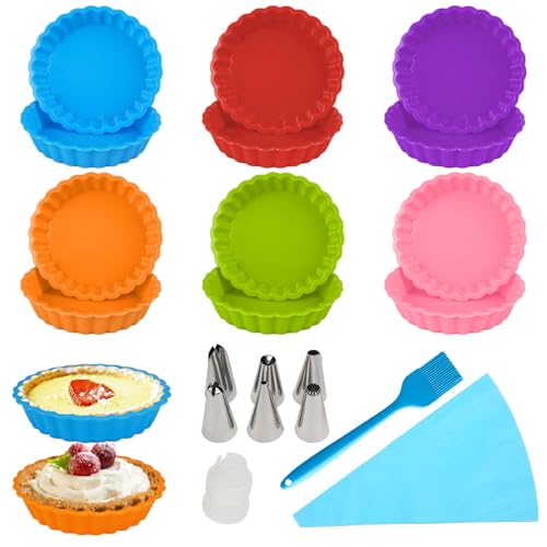 12 Stück Tarteform Klein Silikon,11 cm Mini Tartelette Förmchen Silikon,Tortenbodenform Silikon Tartlettförmchen mit Spritzbeutel,Spritztüllen und Silikonpinsel,Quicheform Klein Obstbodenform Silikon von Jinsion