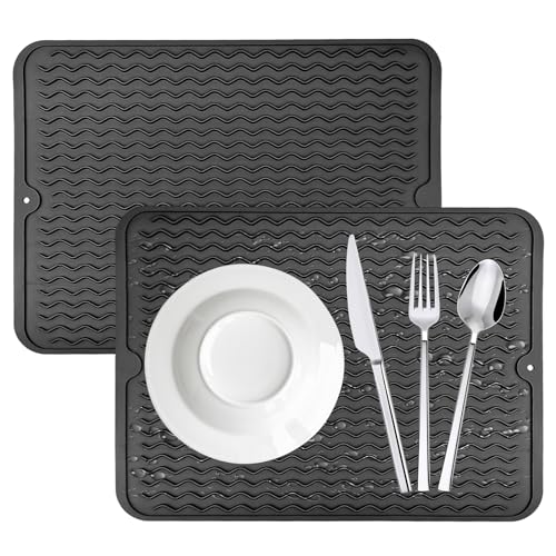 Jinsion 2 Stück Abtropfmatte Silikon,40 x 30cm Abtropfmatte Schwarz,Hitzebeständig und rutschfest Dish Drying Mat,Küche Abtropfmatte Spüle,Abtropfmatte Geschirrfür Besteck,Teeservice,Teller,Schüsseln von Jinsion