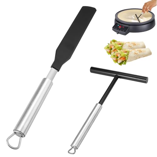 2 Stücke Crepes Verteiler und Spatel Edelstahl, Crepes Zubehör Set, 34cm Edelstahl Crepes Wender, T- Form Teigverteiler für Crepes, Edelstahl Teigverteiler für Pfannkuchen, Crepes, Küche Backwerkzeuge von Jinsion