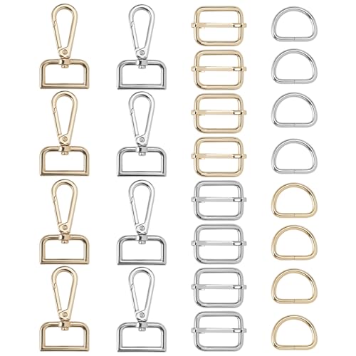 24Pcs 34mm Taschenzubehör zum Nähen,D-ringe,Schiebeschnallen und Drehbarer Karabiner,Karabinerhaken für Taschen Diy,Taschen Zubehör Metall Drehgelenk Karabinerhaken Set,Groß Schnalle (Gold Silber) von Jinsion