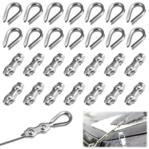 28 Stück Edelstahl Drahtseilklemme M3 Set mit 14 Stück Drahtseilklemmen 3mm und 14 Stück Drahtseil Kauschen 3mm, 304 Edelstahl Seilklemme Set, für Stahlseil Wäscheleinenspanner Markise Fixiert von Jinsion