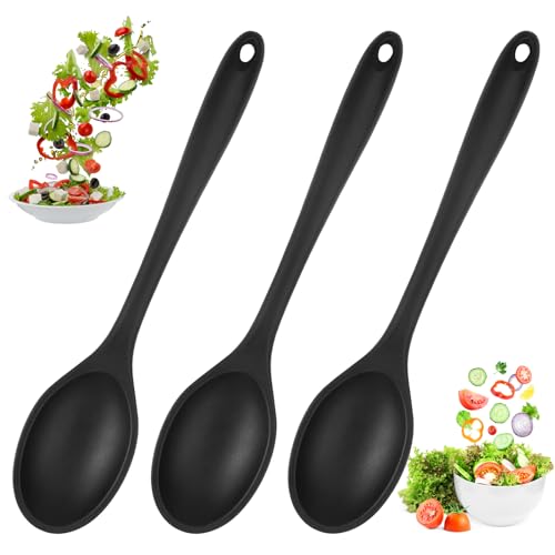 3 Stück Kochlöffel Silikon Rührlöffel, Schwarz Antihaft Silikon Löffel, 27cm Langen Griff Silikon Kochlöffel, Silikon Servierlöffel Kunststoff, Silicone Mixing Spoons für Küche, Kochen, Backen, Rühren von Jinsion