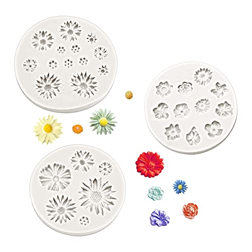 3D Silikonform Blumen, Mini Gänseblümchen Silikonform Fondant Formen Silikon Fondant Silikonformen Blumen, Silikonform Kleine Blumen Backen für Kuchen, Schokolade, Gelee, Kerzen, Seife (3 Stück) von Jinsion