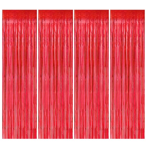 4 Stück Lametta Vorhänge,1m x 2m Glitzer Party Vorhang,Folie Fransen Lametta Vorhang,Metallische Glitzervorhang Fringe,Glitzer Vorhäng für Geburtstage Hochzeit Party (Rot) von Jinsion