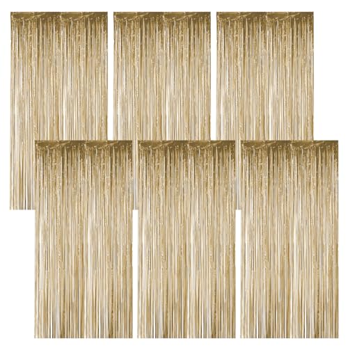 6 Stück Lametta Champagner Gold 1M X 20M Lametta Vorhänge, Gold Lametta Glitzer Vorhang Geburtstag, Tinsel Curtain für Hintergrunddekoration, Partydekoration, Geburtstagsdekoration, Weihnachten von Jinsion