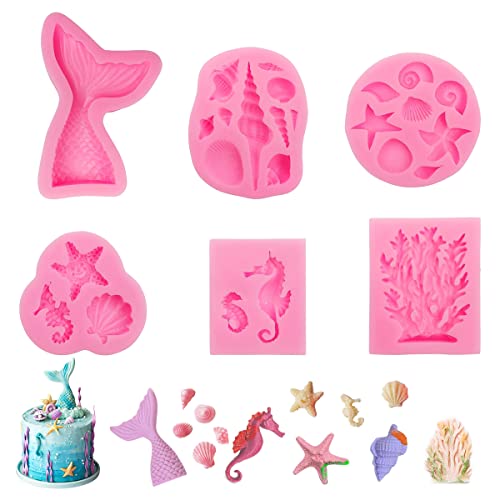 6 Stück Silikonform Meerjungfrau Fondantform, 3D Ozean Tier Fondant Formen Silikon Meerjungfrau Silikonform Muschel Schwanzform Backformen, für Kuchen, Schokolade, Süßigkeiten Ice Jelly, Rosa von Jinsion