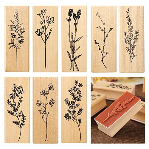 8 Stück Holzstempel Set, Stempel Blumen Holz Vintage Paper Poetry Stempel Pflanzen Blumen Töpferzubehö Stempel Blätter Natürliche Pflanzen Mustern Holzstempel zum Basteln für DIY Fotoalben Sammelalben von Jinsion