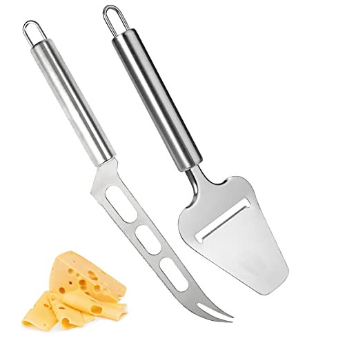 Jinsion 2 Stück Käsemesser, Käsehobel Edelstahl Käsemesser Set Käseschaber, Edelstahl Käsehobel Pizzaschaufel, Rund Griff Cheese Slicer, Käsemesser Set für Weichkäse, Schokolade, Pizza, Kuchen von Jinsion