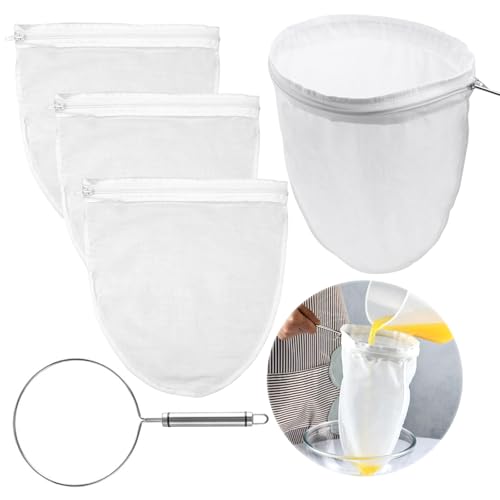 Nussmilchbeutel Bio Waschbar, 4 Passiertuch Wiederverwendbar, 1 Halter, Nussmilchbeutel Siebbeutel, Obstpresse Filtertuch, Baumwolle Filterbeutel für Saft Milch Kaffee Nussmilch Gemüsesäften von Jinsion