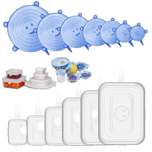 Silikondeckel Dehnbar Set,12 Stück Silikon Stretch Deckel in Verschiedenen Größen,Wiederverwendbare Silikon Abdeckung für Lebensmittel,Dehnbare Silikondeckel BPA Frei für Schüsseln,Becher,Dosen,Obst von Jinsion