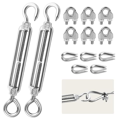 Drahtspanner Edelstahl,2 Stück Spannschlösser M6,5 Stück Drahtseil Kauschen,6 Stück Seilklemmen,Verstellbare Spannschlösser Seilspanner mit Haken Öse,für Seil,Sonnensegel,Gartendraht,Zaunspanner von Jinsion