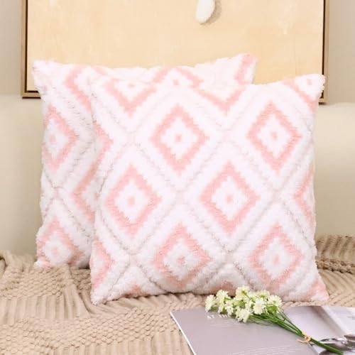 JinweiS 1 x kurzfloriges geometrisches Diamant-getuftetes Dekokissen, grüner Druck, bunter Kissenbezug, erhellt Ihr Schlafzimmer, 45 x 45 cm, Rosa von JinweiS