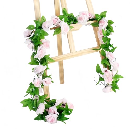 JinweiS 4 Stück (7,9 m) Künstliche Rosenrebe Falscher Kranz Seide Rose Hängende Rebe für Hochzeit Party Hintergrund, Bogen Garten Hintergrund Dekoration (9 Köpfe, Hellrosa) von JinweiS