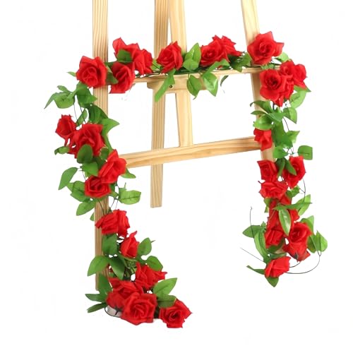 JinweiS 4 Stück (7,9 m) Künstliche Rosenrebe Falscher Kranz Seide Rose Hängende Rebe für Hochzeit Party Hintergrund Bogen Garten Hintergrund Dekoration (9 Köpfe, Rot) von JinweiS