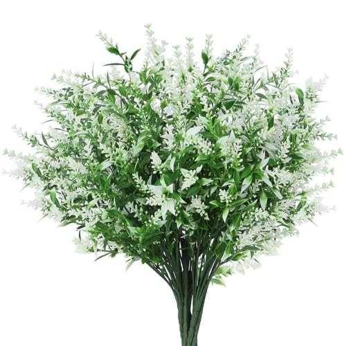 JinweiS 8 Bündel künstliche Blumen, künstliche Outdoor-Pflanzen, künstliche Anti-UV-Lavendelblumen, Kunststoffsträucher, Innen- und Außenbereich, hängende Dekoration, 7 Zinken (weiß) von JinweiS
