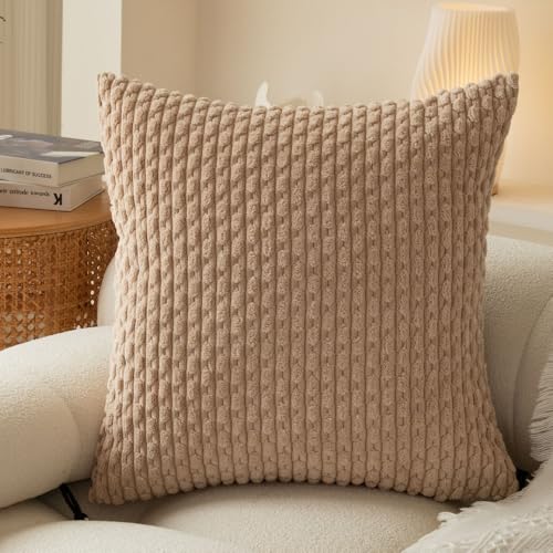 JinweiS Dekorative Kissenbezüge aus weichem Kordsamt, 2er-Set, Boho-Stil, gestreift, Bauernhaus, Heimdekoration für Couch, Bett, Sofa, Wohnzimmer, 45,7 x 45,7 cm, Kaffee von JinweiS