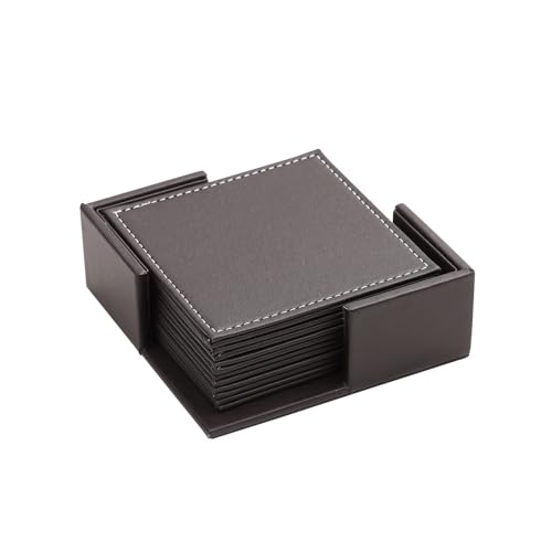 JinweiS Getränkeuntersetzer, Leder-Untersetzer mit Ständer (6er-Pack), schützen Möbel vor Wasserflecken, Kratzern und Beschädigungen (quadratisch, braun) von JinweiS