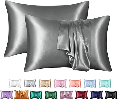 JinweiS Hair and Skin Satin-Kissenbezug, Queen-Seide, glatt, 50,8 x 76,2 cm, 2-teiliges Set mit Hotelverschluss, Dunkelgrau von JinweiS