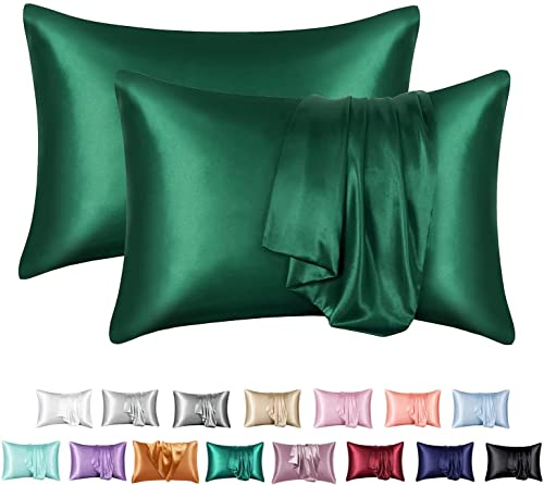 JinweiS Hair and Skin Satin-Kissenbezug, Queen-Seide, glatt, 50,8 x 76,2 cm, 2-teiliges Set mit Hotelverschluss, Dunkelgrün von JinweiS