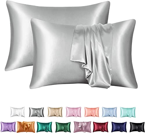 JinweiS Hair and Skin Satin-Kissenbezug, Queen-Seide, glatt, 50,8 x 76,2 cm, 2-teiliges Set mit Hotelverschluss, Hellgrau von JinweiS